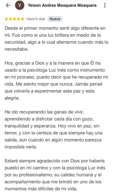 Reseña de cinco estrellas de Yeison Andrés Mosquera sobre su proceso terapéutico con Luz Inés Lalinde