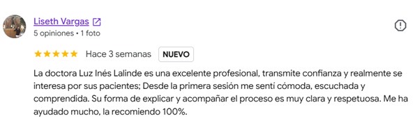 Reseña de cinco estrellas de Liseth Vargas sobre la confianza y claridad en las sesiones