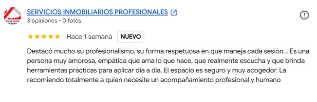 Reseña de cinco estrellas que destaca el profesionalismo y el espacio seguro de la consulta
