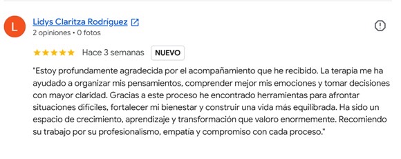 Reseña de cinco estrellas de Lidys Claritza Rodríguez sobre su proceso terapéutico